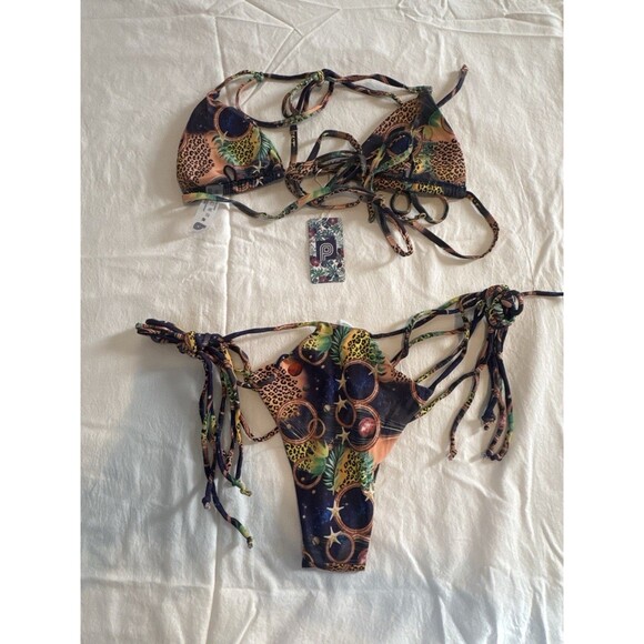 Sexy Skimpy Bikini Set Sz M -NWT Strappy Jungle Planet Leopard Psychedelic Print - Picture 7 of 9